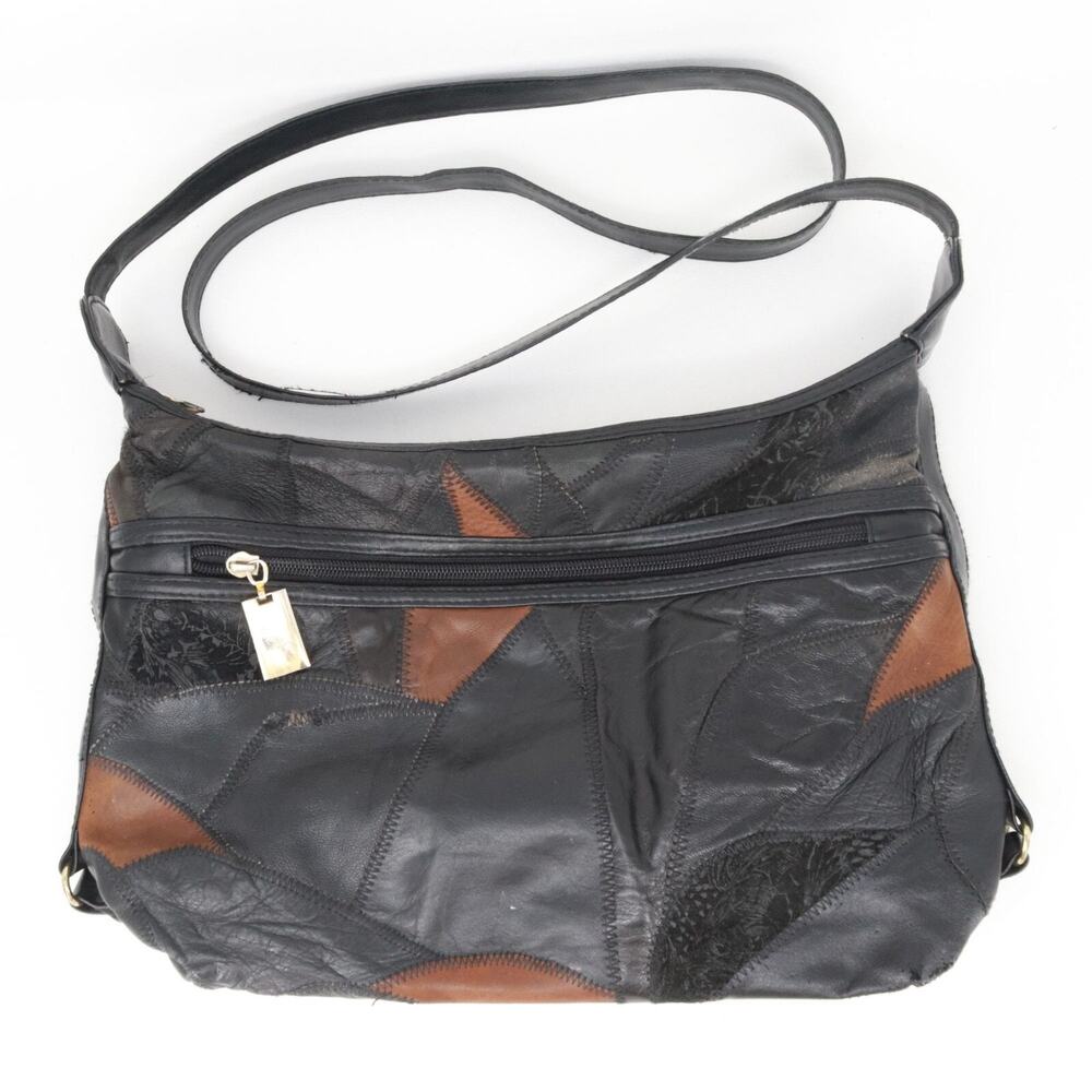 Vintage Patch Leather Women Medium Multicolor Brown Green Black Shoulder Bag